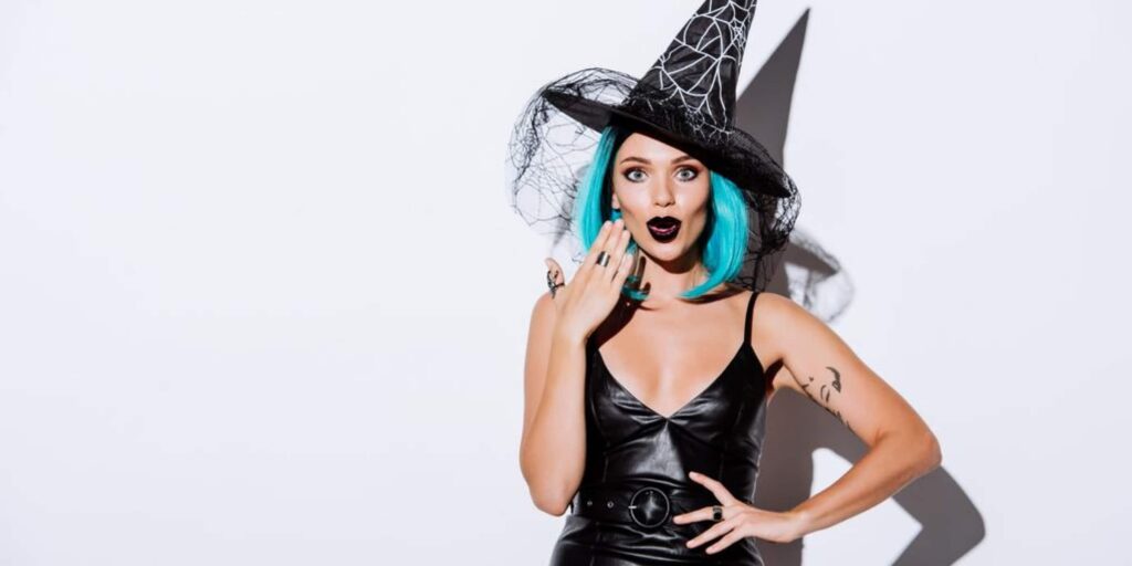 A woman in a witch costume during a spooky season